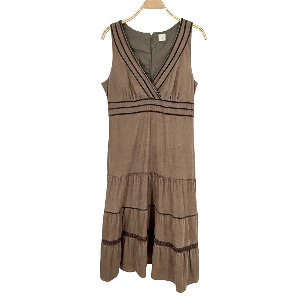Camaieu Corduroy Midi Dress Womens 14 Brown Excellent Velvet Trim Tiered Boho